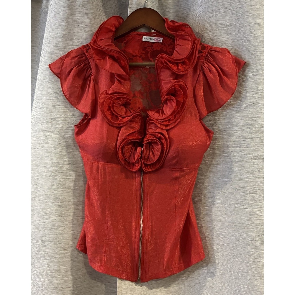 Body Central Women's Red‎ Ruffed Front Festival Y2K Lace